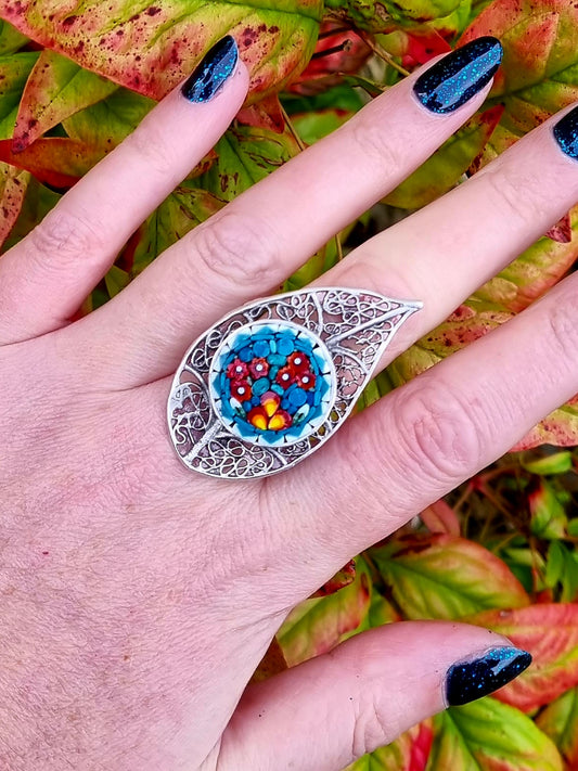 Filigree Leaf Mosaic Ring